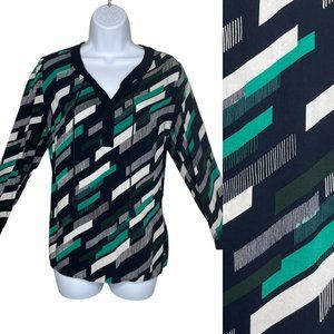 TOMMY HILFIGER Wms Sz M Green Geometric Blouse V Neck 3/4 Sleeve